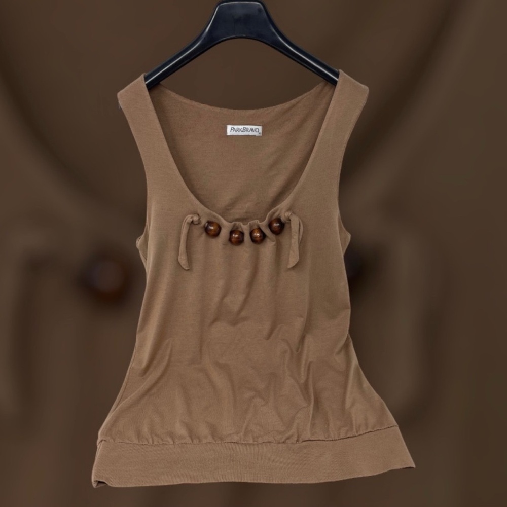 ParkBravo Scoop Neck Elegant Brown Sleeveless Top | Tank Top - Picture 3 of 8